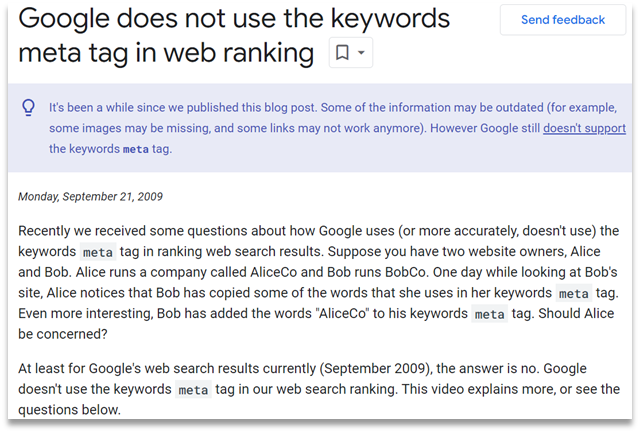 Google does not use the keywords meta tag in web ranking