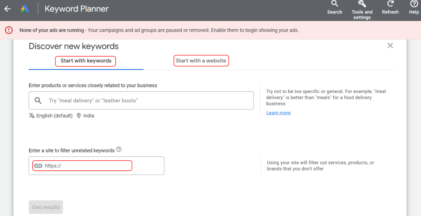 Keywords research through Google Keyword Planner tool