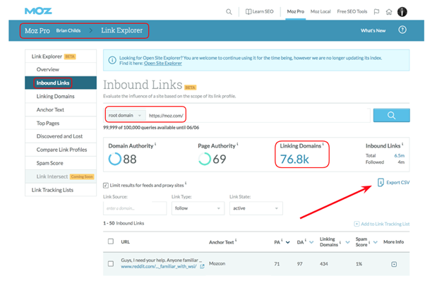 Backlink analysis by Moz